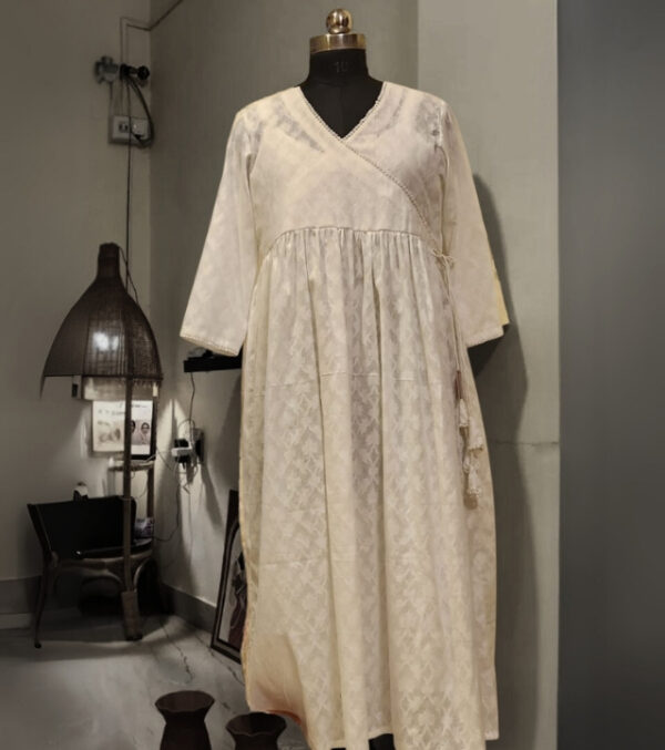 White Angrakha-Style Cotton Jacquard Kurta (With Inner)