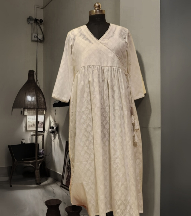 White Angrakha-Style Cotton Jacquard Kurta (With Inner)