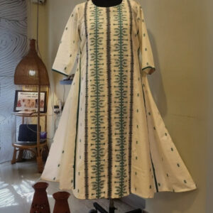 White-Green Cotton Jamdani A-Line Dress