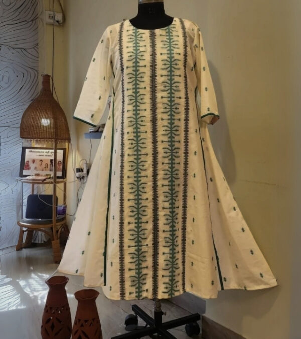 White-Green Cotton Jamdani A-Line Dress
