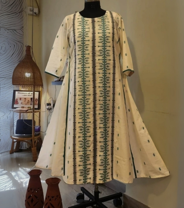 White-Green Cotton Jamdani A-Line Dress