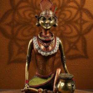 Rustic Grace: Handcrafted Dhokra Tribal Woman with Pot Showpiece