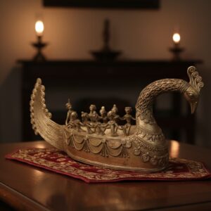 Handcrafted Brass Dokra Peacock Boat – 9” x 20” Tribal Art Décor Masterpiece