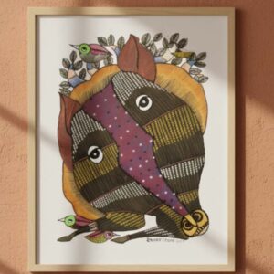 Authentic Handmade Gond Painting - Tribal Life & Community Scene (11x15 inches) - Without Frame