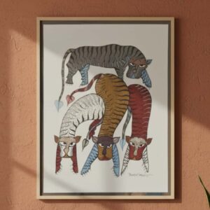 Authentic Handmade Gond Painting - Four Stylized Tigers (11x15 inches) - Without Frame