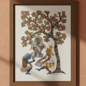 Authentic Handmade Gond Painting - Tribal Storytelling Scene Under a Tree (11x15 inches) - Without Frame