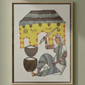 Authentic Handmade Gond Painting - Tribal Woman & Domestic Scene (11x15 inches) - Without Frame