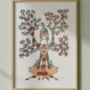 Original Handmade Gond Painting - Tribal Deity & Cosmic Tree (11x15 inches) - Without Frame