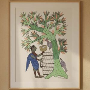 Authentic Handmade Gond Painting - Tribal Figure, Water Source & Tree (11x15 inches) - Without Frame
