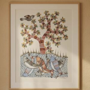 Original Handmade Gond Painting - School of Fish Motif (11x15 inches) - Without Frame