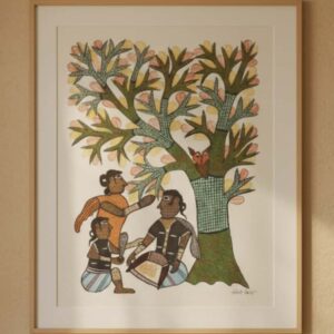 Handmade Authentic Gond Painting - Tribal Family Under Tree (11x15 inches) - Without Frame