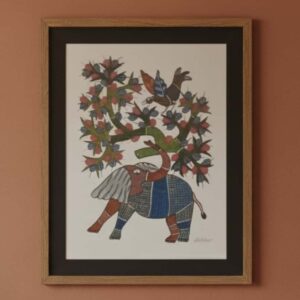 Authentic Handmade Gond Painting - Decorated Elephant & Bird Under Tree (11x15 inches) - Without Frame