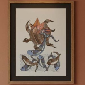 Authentic Handmade Gond Painting - Mythical Turtle with Fish and Wings (11x15 inches) - Without Frame