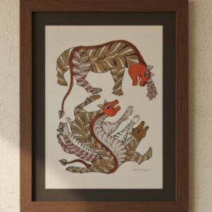 Authentic Handmade Gond Painting - Dynamic Tiger-Striped Mythical Creatures (11x15 inches) - Without Frame