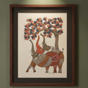 Authentic Handmade Gond Painting - Affectionate Elephants Under Tree (11x15 inches) - Without Frame