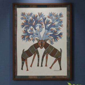 Authentic Handmade Gond Painting - Two Deer with Merged Antlers/Tree (11x15 inches) - Without Frame