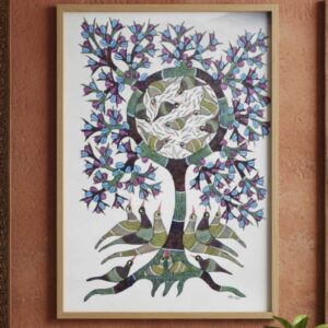 Authentic Gond Painting "Avian Tree of Life" | 36x24 Inch Handmade Tribal Art with Circle of Birds | (Without Frame)