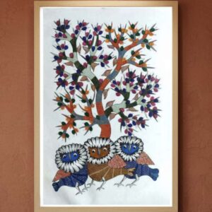 Authentic Gond Painting "Three Wise Owls" | 36x24 Inch Handmade "Tree of Life" Art | Tribal Wall Decor (Without Frame)