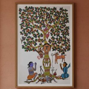 Authentic Gond Painting of Sacred Tree Worship | 36x24 Inch Handmade Tribal Art | Mythological Folk Art (Without Frame)
