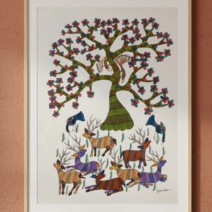 Authentic Gond Painting "Forest Deer Sanctuary" | 36x24 Inch Handmade Tribal Art | Tree of Life (Without Frame)