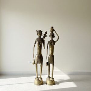 Grand Handcrafted Brass Dokra Tribal Couple with Child – 42” Heritage Art Sculpture Set