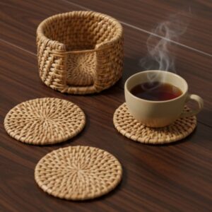 Handwoven Cane Coaster Set with Holder – Eco-Friendly Table Décor (Set of 6)