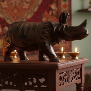 Handmade Assamese Wooden Rhino Showpiece - Authentic Lucky Charm from Assam (18")