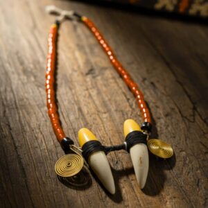 Authentic Handmade Naga "Tiger Teeth" Warrior Necklace - Rare Tribal Brass & Red Bead Neckpiece from Northeast India