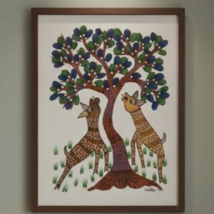 Authentic Handmade Gond Painting: Deer Under the Tree Tribal Art (11x15 inch) without frame