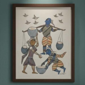 Authentic Handmade Gond Painting: Tribal Life & Gathering Scene Folk Art (11x15 inch) - Indian Cultural Decor without frame