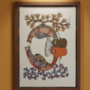 Authentic Handmade Gond Painting: Mythical Serpent/Dragon Creature Folk Art (11x15 inch) - Indian Cultural Decor without frame