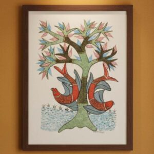 Authentic Handmade Gond Painting: fish Under the Tree of Life Tribal Art (11x15 inch without frame