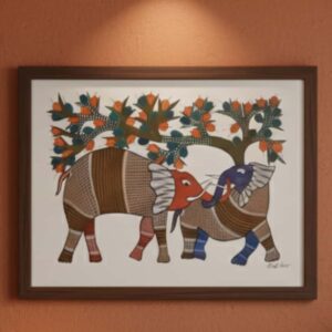 Authentic Handmade Gond Painting: Elephants Under a Tree Tribal Art (11x15 inch) - Strength & Wisdom Decor without frame