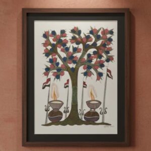 1. Title Authentic Handmade Gond Painting - Diwali Diyas & Tree of Worship (11x15 inches) - Without Frame