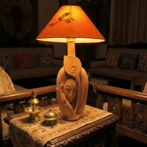 "Divine Serenity" Handcrafted Terracotta Table Lamp – Sculptural Krishna Face & Peacock Motif with Warm Amber Fabric Shade | Artisanal Indian Home Decor