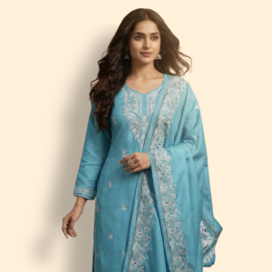 Ethereal Sky Blue Embroidered Silk-Blend Suit Set – Premium Chikankari-Style Kurta with Dupatta | Designer Festive & Party Wear for Women