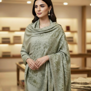 Premium Sage Green Kashmiri-Style Shawl | Soft Woolen Wrap with Tonal Floral Jacquard | Elegant Winter Stole & Gift for Women
